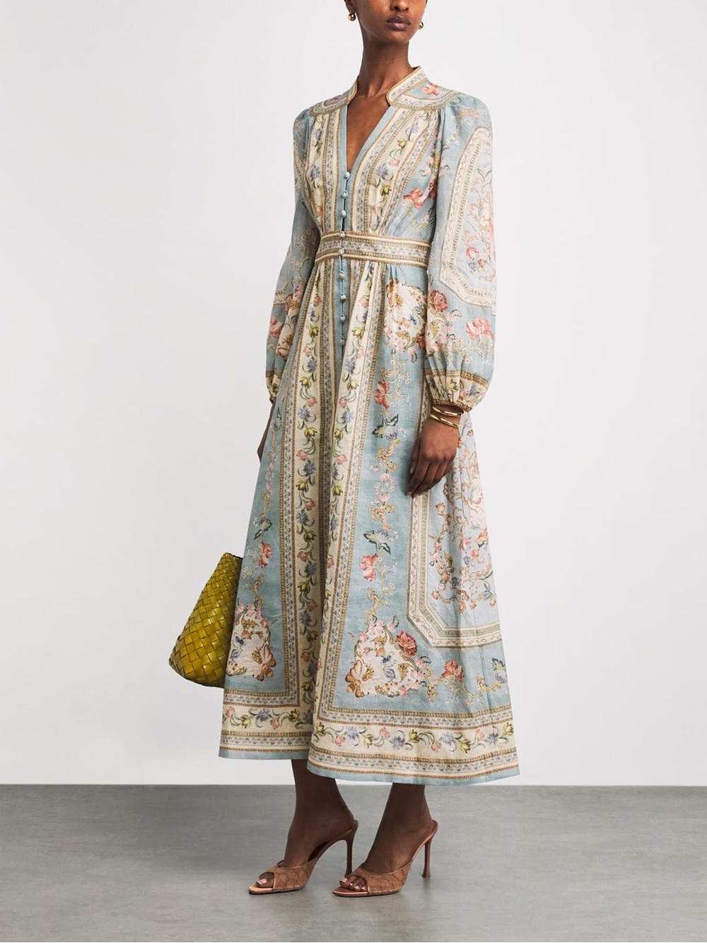 Zimmermann Roselight Plunge Long Sleeve Linen & Silk Midi Dress Floral Paisley - Picture 3 of 13